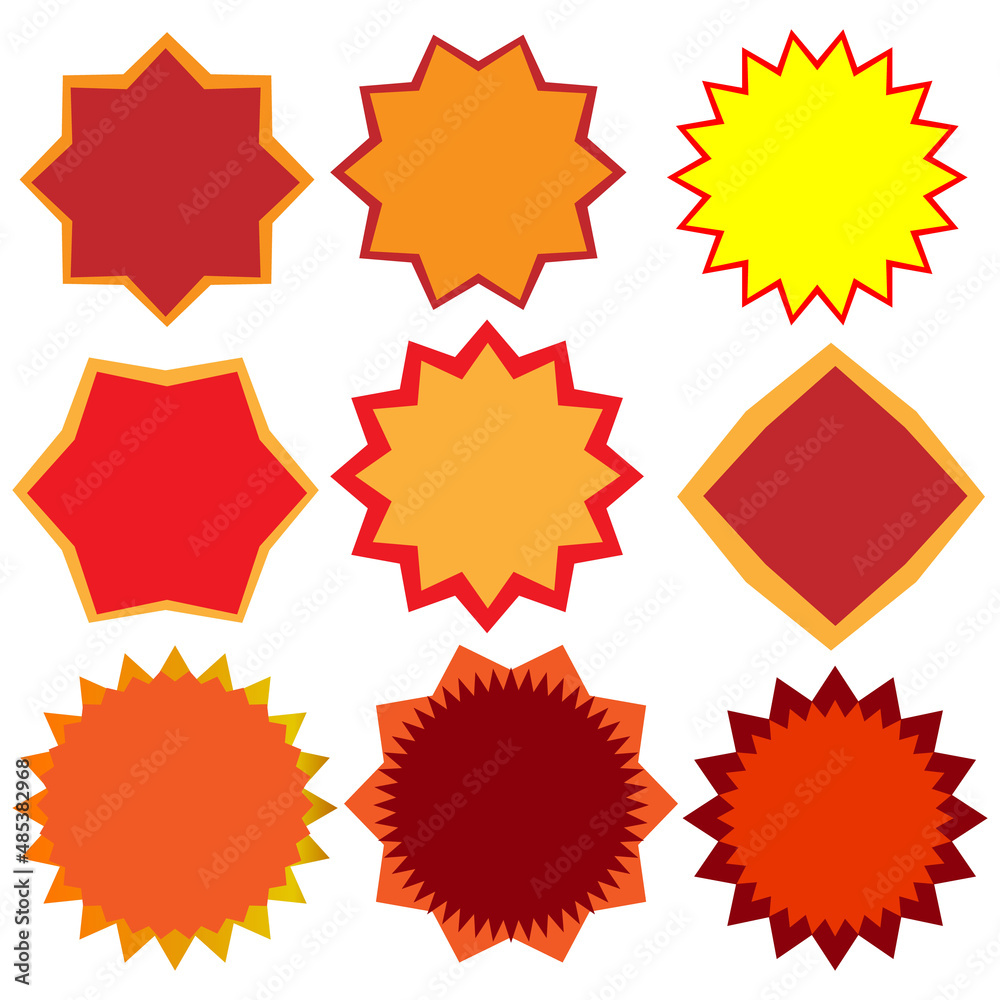 On a white background, nine bright stickers of various shapes On a white background, nine bright stickers of various shapes