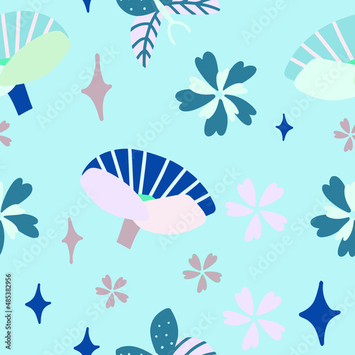 Abstract flowers seamless pattern vector, on blue background 