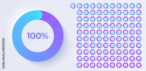 Loading indicator. Progress bar. Percentage meter. UI, User interface. Loading symbol. Download process. Circle icons set. Minimalistic 3d template. Realistic modern design. Vector illustration.