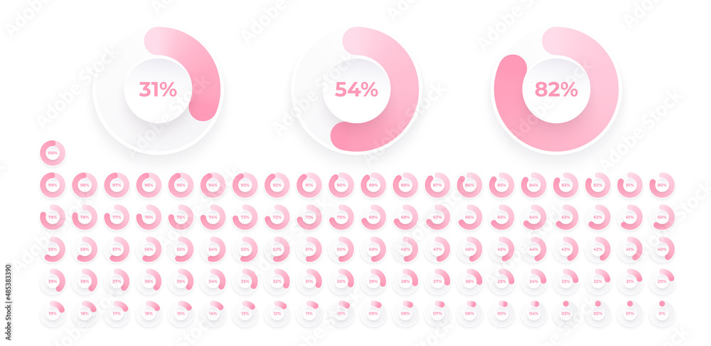 Loading indicator. Progress bar. Percentage meter. UI, User interface. Loading symbol. Download process. Circle icons set. Minimalistic 3d template. Realistic modern design. Vector illustration.