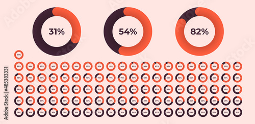 Loading indicator. Progress bar. Percentage meter. UI  User interface. Loading symbol. Download process. Circle icons set. Minimalistic 3d template. Realistic modern design. Vector illustration.