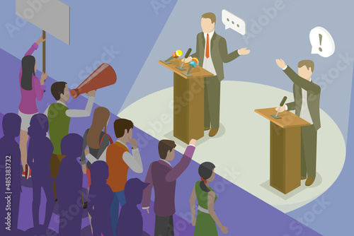 3D Isometric Flat Vector Conceptual Illustration of Political Debates, Candidates Speech in Front of the Public photo