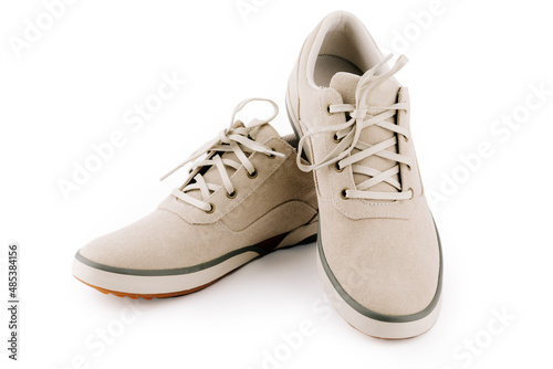 Men s shoes made of natural fabric  insulated on a white background.