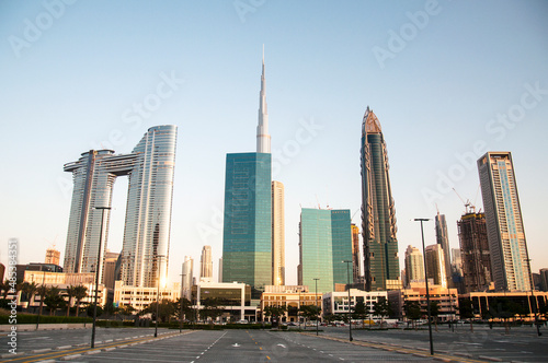 Sunset on Dubai's City Skyscrapers with Burj Kalifa in background, located in the luxurious City Walk area.