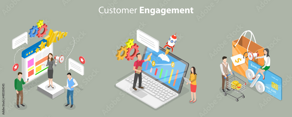 3D Isometric Flat Vector Conceptual Illustration of Customer Engagement, New Client Attraction and Retention