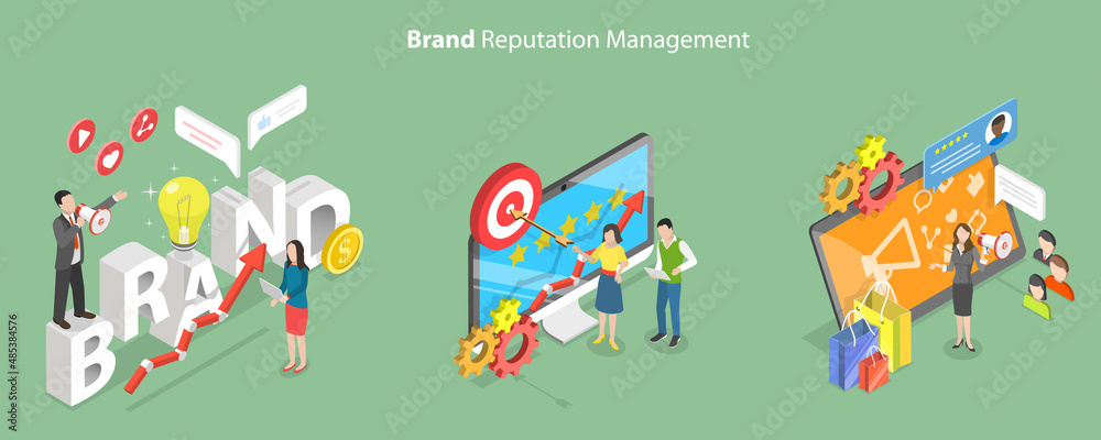 3D Isometric Flat Vector Conceptual Illustration of Brand Reputation Management, Digital Marketing Campaign