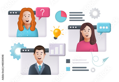 Online meeting, virtual conference, video call, briefing, teleconference, web video conference. Work, data analysis Teamwork concept. 3d realistic vector illustration.  Plasticine effect
