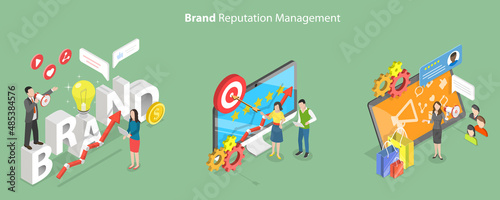 3D Isometric Flat Vector Conceptual Illustration of Brand Reputation Management, Digital Marketing Campaign
