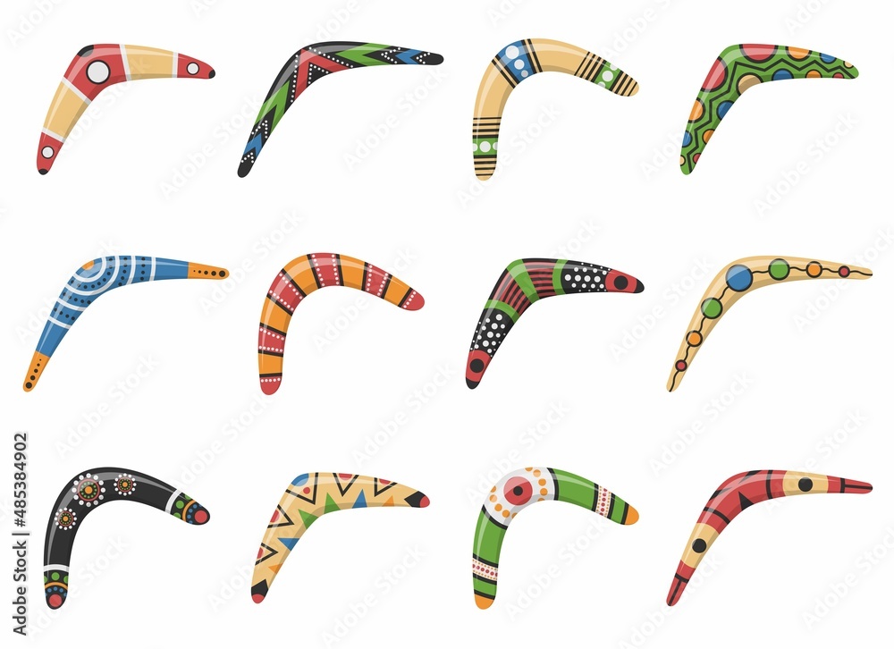 Traditional wooden boomerang of different shapes icons set isolated on