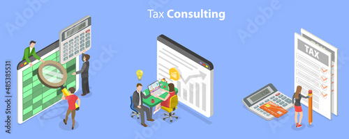 3D Isometric Flat Vector Conceptual Illustration of Tax Consulting, Financial Reporting and Audit