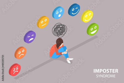3D Isometric Flat Vector Conceptual Illustration of Imposter Syndrome, Bipolar Disorder, Fake Faces and Emotions