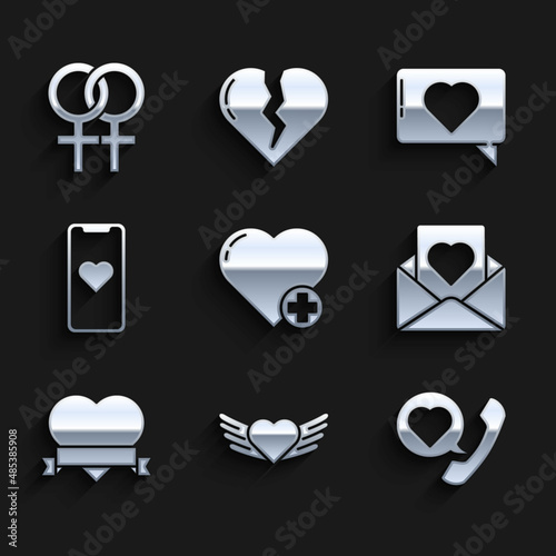 Set Heart, with wings, Telephone heart speech bubble, Envelope, and ribbon, Mobile, Like and Female gender symbol icon. Vector