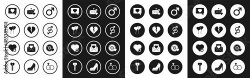 Set Male gender symbol, Broken heart or divorce, Balloons in form of, Like and, Envelope with, Romantic music and Heart icon. Vector