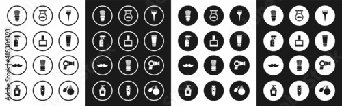 Set Hairbrush, Aftershave, Hairdresser pistol spray bottle, Shaving, Cream or lotion cosmetic tube, Barbershop, dryer and Mustache icon. Vector