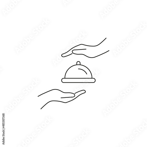 Present, charity, giving concept. Outline monochrome symbols drawn in flat style. Suitable for articles, advertisements, books etc. Line icon of bowl with cloche between outstretched hands