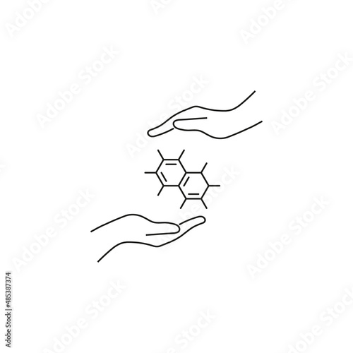 Present, charity, giving concept. Outline monochrome symbols drawn in flat style. Suitable for articles, advertisements, books etc. Line icon of chemical compound between outstretched hands