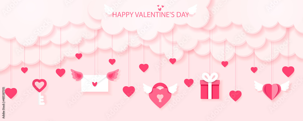 Light pink clouds against a pink background with hanging hearts and objects, valentine's day