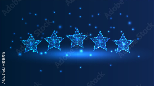 Wireframe five stars, low poly style. Success, winner, rating concept. Abstract modern 3d vector illustration on dark blue background