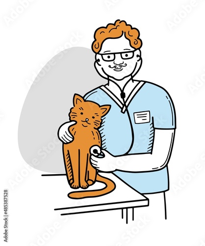 Vector illustration of a veterinarian treats a dog. Beagle. doctor. Pet Shop. Pets. Care. Scribble. hand drawing