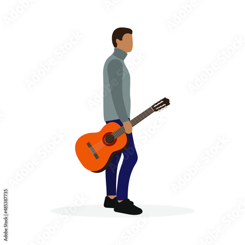 A male character with a guitar in his hand stands on a white background