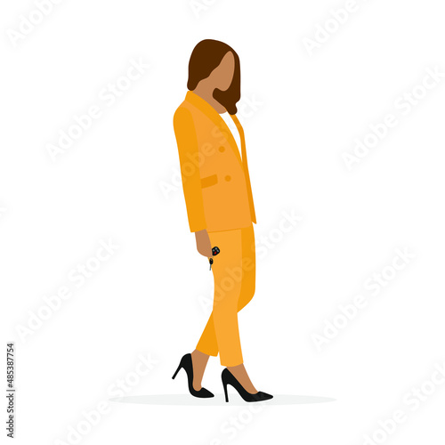 Female character in business suit and with car keys in her hand stands on white background