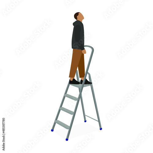 A male character stands on the top step of a ladder and looks up on a white background