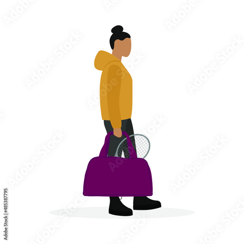 Female character carries sports bag with tennis racket isolated on white background