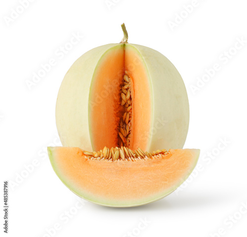 Whole and sliced of Japanese melons isolated on white background, honey melon or cantaloupe (Cucumis melo), clipping path.