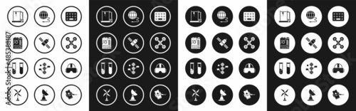 Set Pills in blister pack, Satellite, Motherboard, 3D printer, Drone flying, Social network, Virtual reality glasses and Test tube and flask icon. Vector