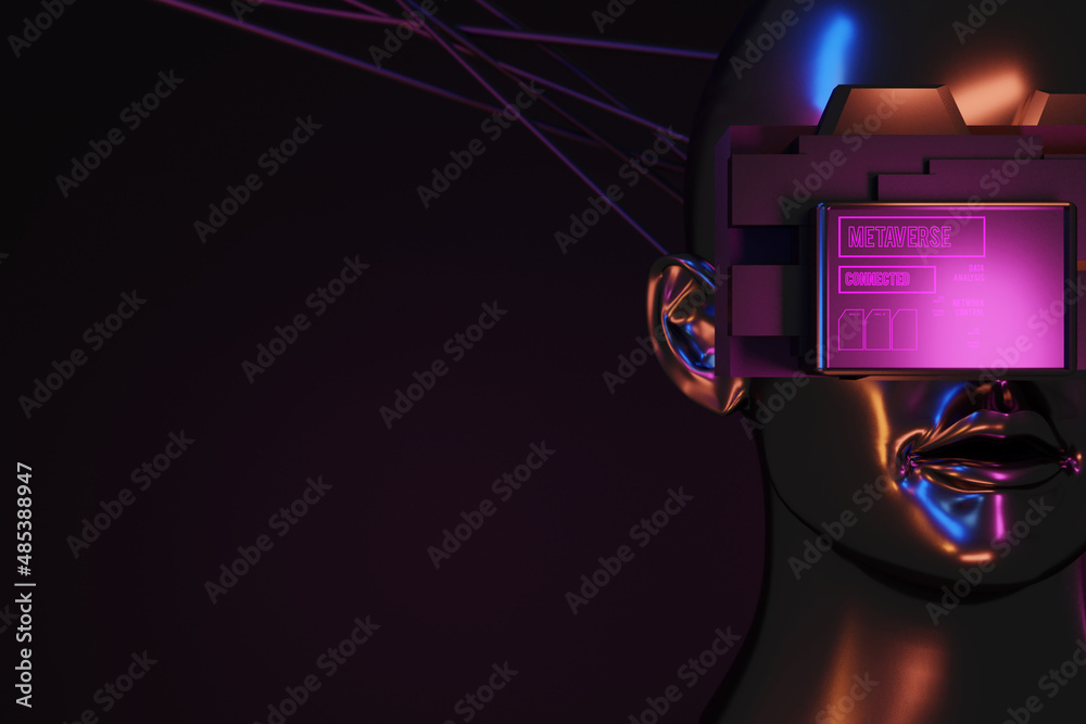 metaverse vr world simulation gaming cyberpunk style, digital robot ai, 3d illustration rendering, virtual reality device