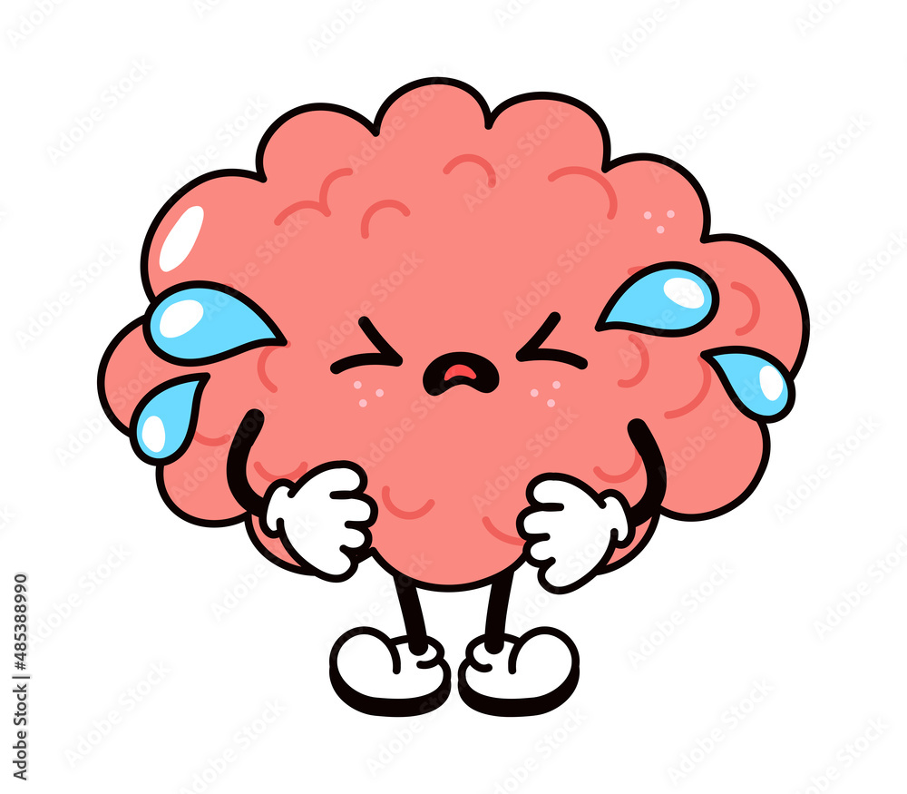 Cute funny crying sad brain character. Vector hand drawn traditional cartoon vintage, retro, kawaii character illustration icon. Isolated on white background. Cry brain character concept Cute funny crying sad brain character. Vector hand drawn traditional cartoon vintage, retro, kawaii character illustration icon. Isolated on white background. Cry brain character concept