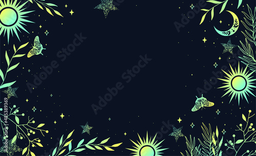 Magic green background with moon and sun, crescent, butterfly and herbs, place for text. Astrological banner with stars, cosmic pattern. Doodle vector illustration