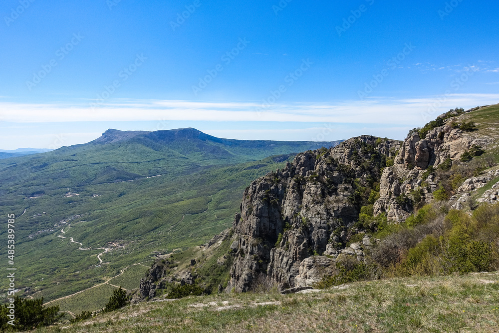View of the Chatyr-Dag plateau from the top of the Demerdzhi mountain range in Crimea. Russia.