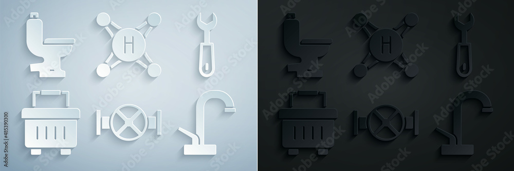 Set Industry pipe and valve, Wrench spanner, Toolbox, Water tap, and Toilet bowl icon. Vector Set Industry pipe and valve, Wrench spanner, Toolbox, Water tap, and Toilet bowl icon. Vector