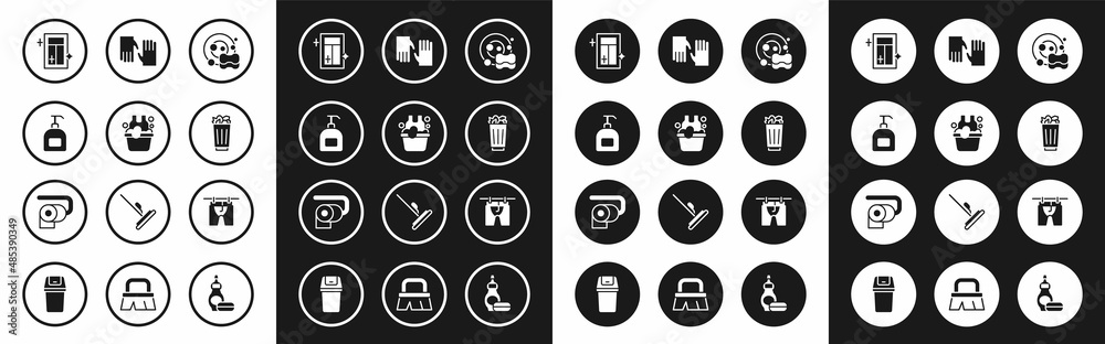 Set Washing dishes, Basin with soap suds, Bottle of liquid, Cleaning service for window, Full trash can, Rubber gloves, Drying clothes and Toilet paper roll icon. Vector Set Washing dishes, Basin with soap suds, Bottle of liquid, Cleaning service for window, Full trash can, Rubber gloves, Drying clothes and Toilet paper roll icon. Vector