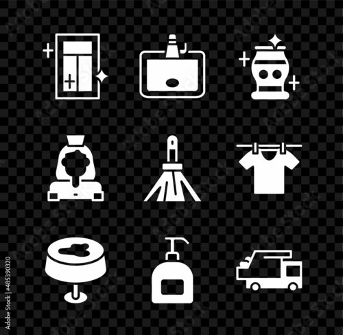 Set Cleaning service for window, Washbasin, vase, Stain on the tablecloth, Bottle of liquid soap, Garbage truck, lady and Handle broom icon. Vector