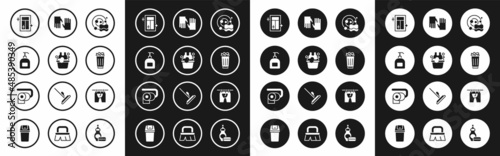Set Washing dishes, Basin with soap suds, Bottle of liquid, Cleaning service for window, Full trash can, Rubber gloves, Drying clothes and Toilet paper roll icon. Vector