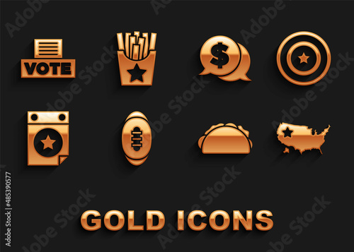 Set American Football ball, star shield, USA map, Taco with tortilla, Calendar date July 4, Coin money dollar, Vote box and Potatoes french fries icon. Vector