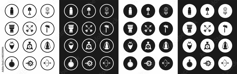 Set Dream catcher with feathers, Crossed arrows, Drum, Bullet, Tomahawk axe, Shovel, Camping lantern and Cowboy bandana icon. Vector Set Dream catcher with feathers, Crossed arrows, Drum, Bullet, Tomahawk axe, Shovel, Camping lantern and Cowboy bandana icon. Vector