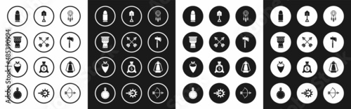 Set Dream catcher with feathers, Crossed arrows, Drum, Bullet, Tomahawk axe, Shovel, Camping lantern and Cowboy bandana icon. Vector