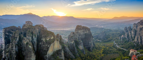 Beautiful view of the famous Eastern Orthodox monasteries at sunset. Greece, Europe. landscape place of monasteries on the rock. UNESCO World Heritage