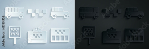 Set Taxi driver license, Car, Road sign for taxi stand, Taximeter, car roof and Bus icon. Vector