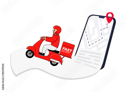 Delivery service courier delivers online food on a red scooter from a mobile food ordering application. In cartoon style, the concept of an online store for ordering goods and food from restaurants
