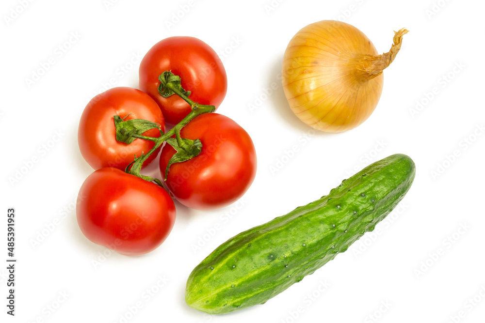 Cucumber, tomatoes and bulb on white background. It is isolated. Cucumber, tomatoes and bulb on white background. It is isolated.