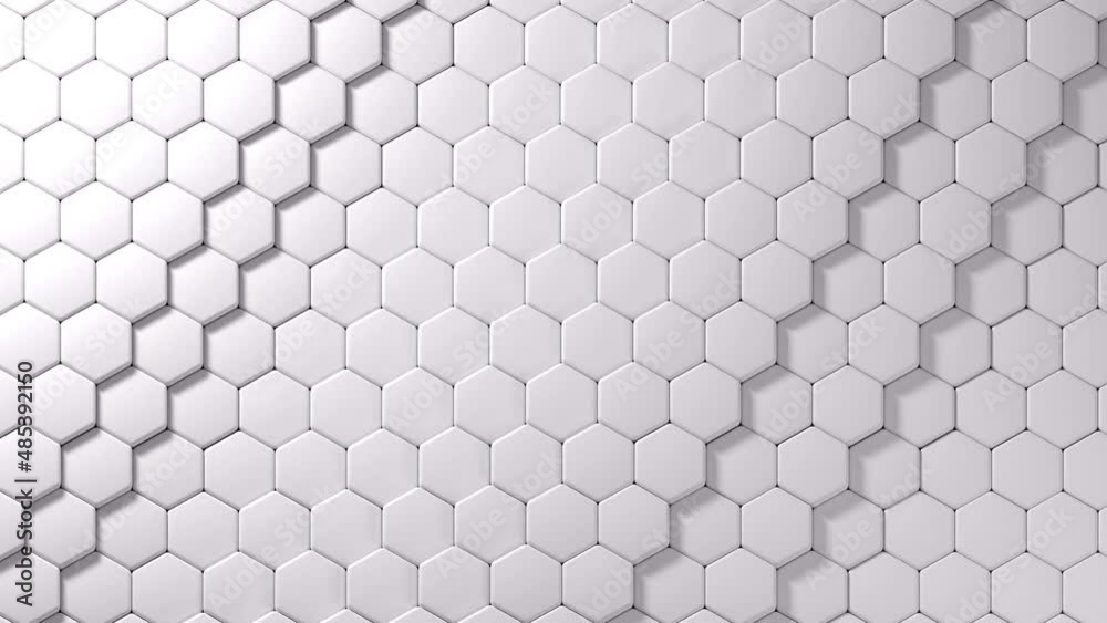 White hexagons wall, line wave move. 3D rendering animation with space for text