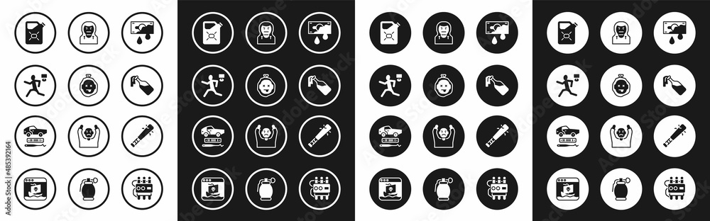 Set Bloody money, Murder, Canister fuel, Cocktail molotov, Thief mask, Baseball bat with nails and Car theft icon. Vector
