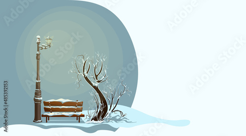 Vector image of a winter landscape. A tree with a bench under a luminous lantern. Ecological Stop for the passer-by. Stylization. EPS 10