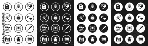 Set Bloody money, Murder, Canister fuel, Cocktail molotov, Thief mask, Baseball bat with nails and Car theft icon. Vector
