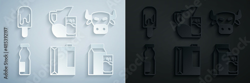 Set Paper package for kefir, Cow head, Drinking yogurt in bottle, Milk jug pitcher and glass and Ice cream icon. Vector
