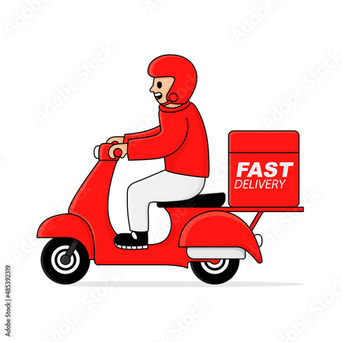 Delivery service courier delivers food on a red scooter in a box. In Cartoon style, Concept of online ordering goods and food from restaurants. Isolated on white background